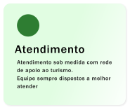Atendimento Atendimento sob medida com rede de apoio ao turismo.  Equipe sempre dispostos a melhor atender